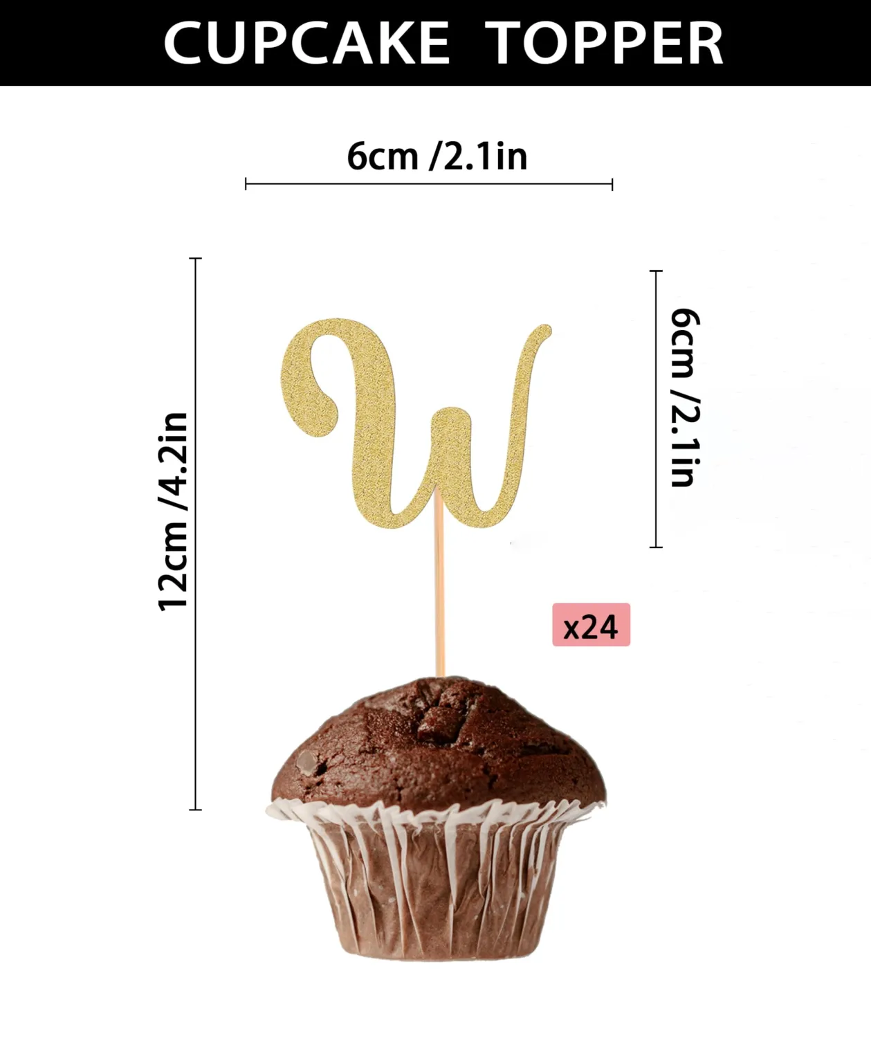 26 letter Cupcake Topper - 24 Pack Glitter Gold letter W Cupcake Decorations, Suitable for Birthday Party, Wedding Anniversary or Photo Booth Props (W)
