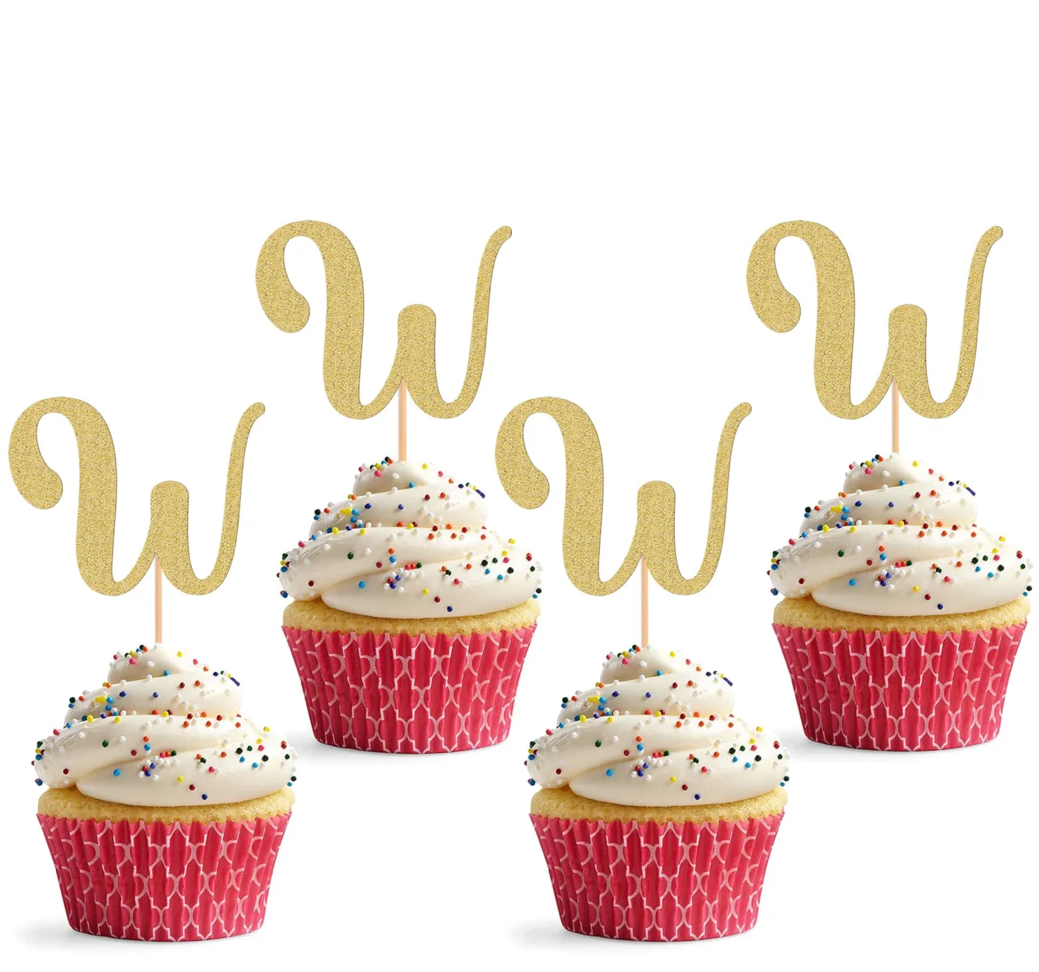 26 letter Cupcake Topper - 24 Pack Glitter Gold letter W Cupcake Decorations, Suitable for Birthday Party, Wedding Anniversary or Photo Booth Props (W)
