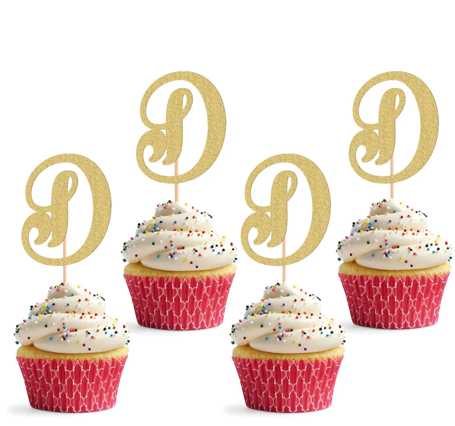 26 letter Cupcake Topper - 24 Pack Glitter Gold letter D Cupcake Decorations, Suitable for Birthday Party, Wedding Anniversary or Photo Booth Propsc cc (D)