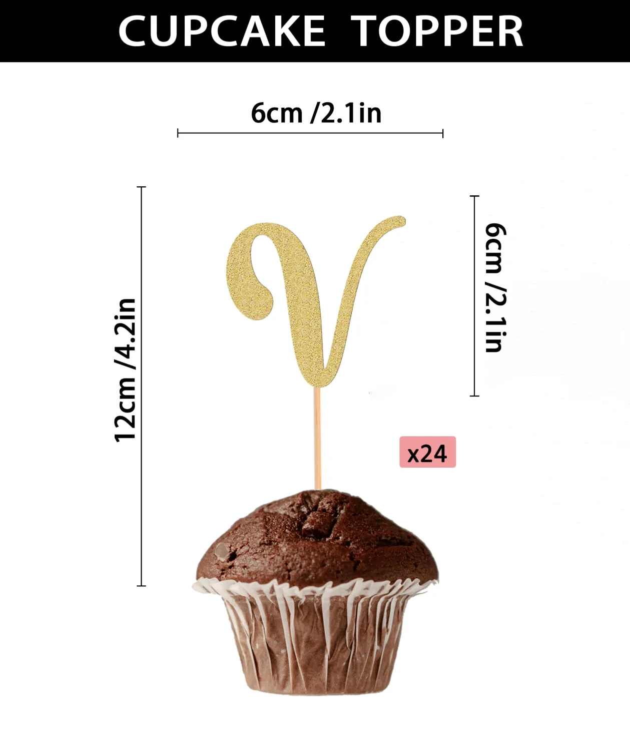 26 letter Cupcake Topper - 24 Pack Glitter Gold letter V Cupcake Decorations, Suitable for Birthday Party, Wedding Anniversary or Photo Booth Props (V)