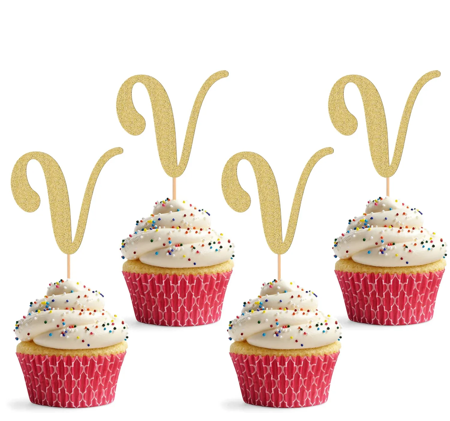 26 letter Cupcake Topper - 24 Pack Glitter Gold letter V Cupcake Decorations, Suitable for Birthday Party, Wedding Anniversary or Photo Booth Props (V)