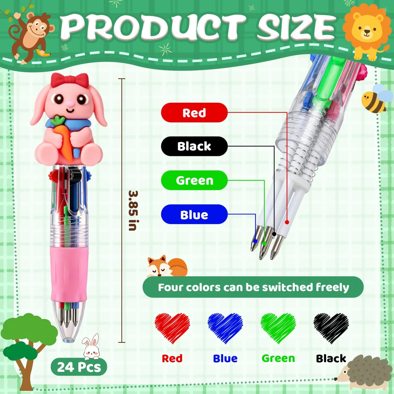 24 Pcs Animal Pens Multicolor Pen in One 4-in-1 Cute Pens Bulk for Kids,Ballpoint Pen with Fun Animals Shapes for Birthday Party, Classroom Prize,School Supplies