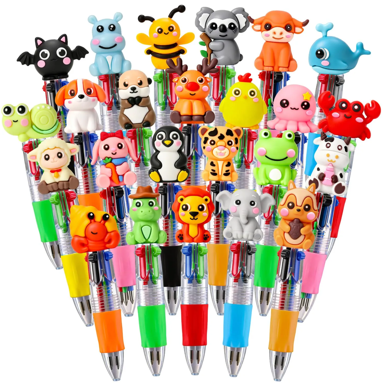 24 Pcs Animal Pens Multicolor Pen in One 4-in-1 Cute Pens Bulk for Kids,Ballpoint Pen with Fun Animals Shapes for Birthday Party, Classroom Prize,School Supplies