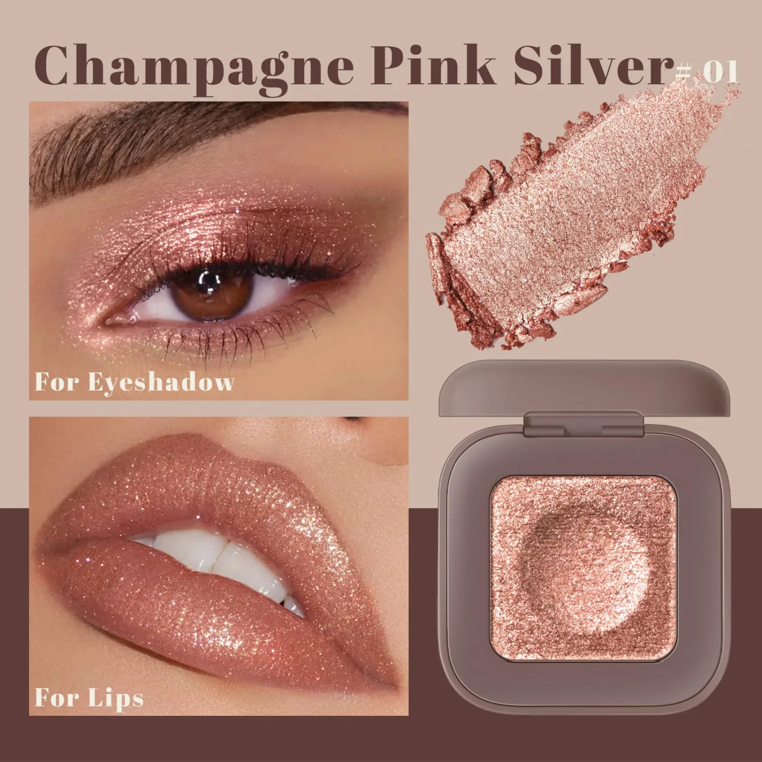 Noerrors Duochrome Champagne Pink Silver Glitter Eyeshadow Palette, Holographic Multichrome Rich Color Shimmer Metallic Eye Shadow, Color Shift Diamond Sparkle Eye Brightener Palette Fairy Makeup#01