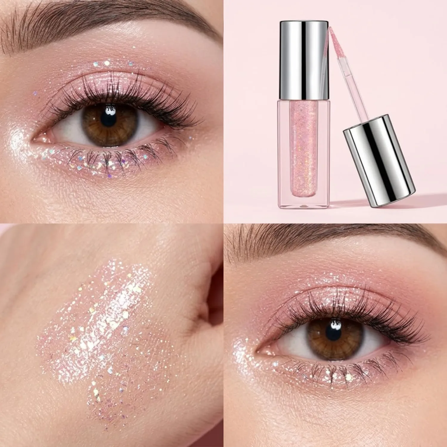 Erinde Liquid Glitter Eyeshadow Eyeliner, Metallic Shimmer Glitter Eyeshadow Liner, High Pigment Colored Eyeliner, Waterproof Long Lasting Sparkle Eye Makeup for Women, Silvery Pink