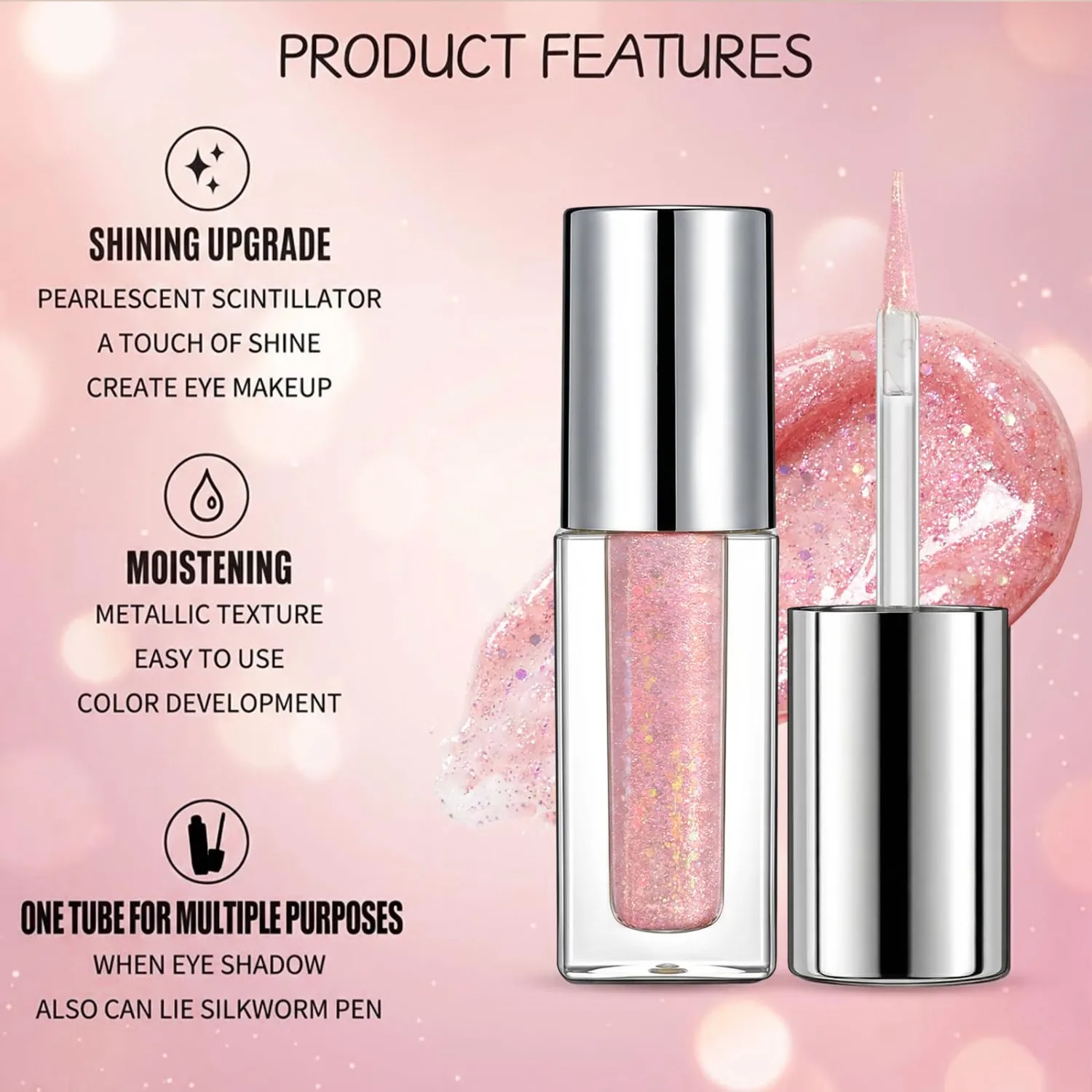Erinde Liquid Glitter Eyeshadow Eyeliner, Metallic Shimmer Glitter Eyeshadow Liner, High Pigment Colored Eyeliner, Waterproof Long Lasting Sparkle Eye Makeup for Women, Silvery Pink