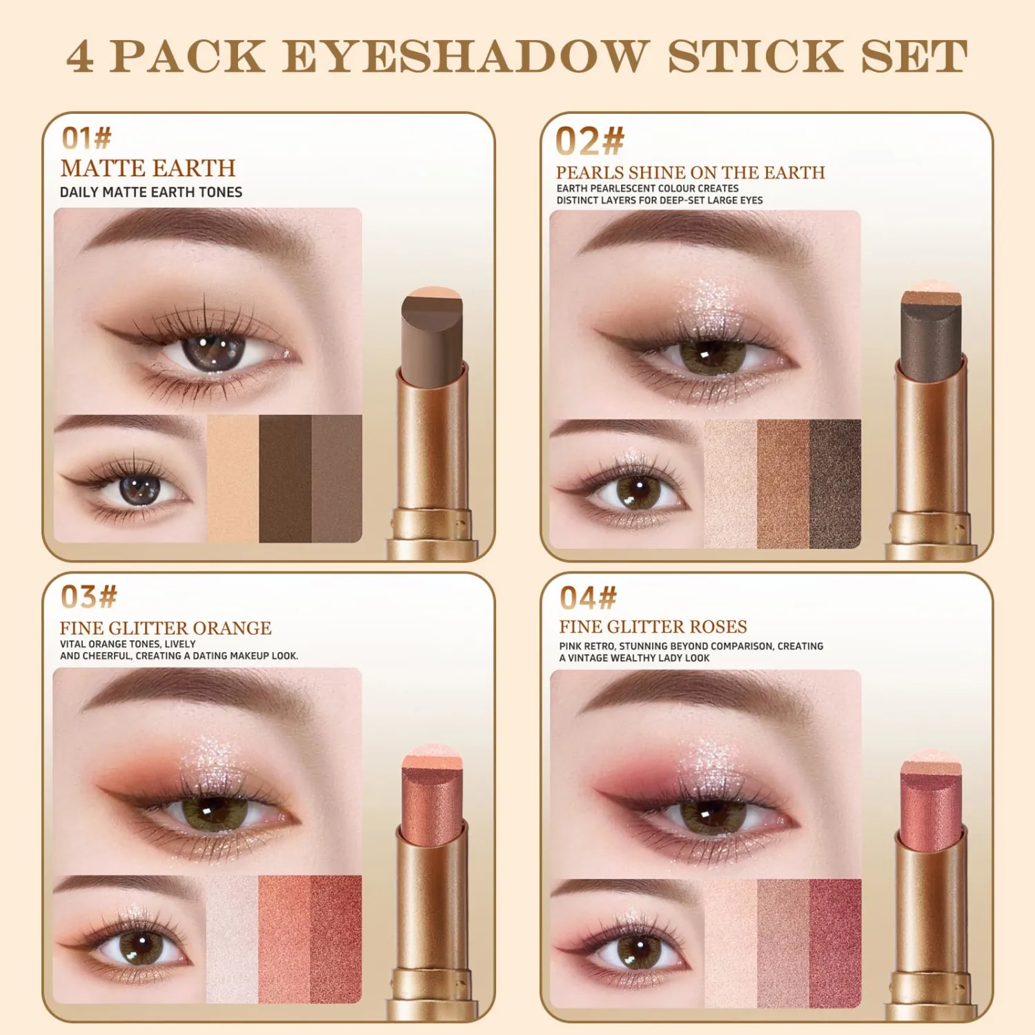 4 Pack Multi-color Eyeshadow Stick Set, 3 Color Gradient Shimmer Eye Shadow
