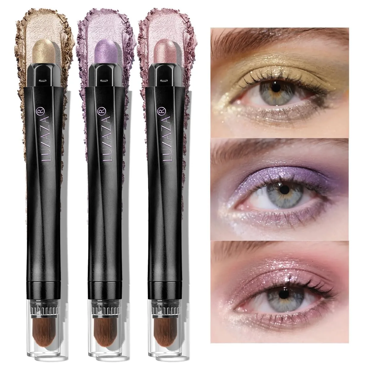 3 Pcs Cream Eyeshadow Stick Quick Makeup Set Gold Rose Lilac