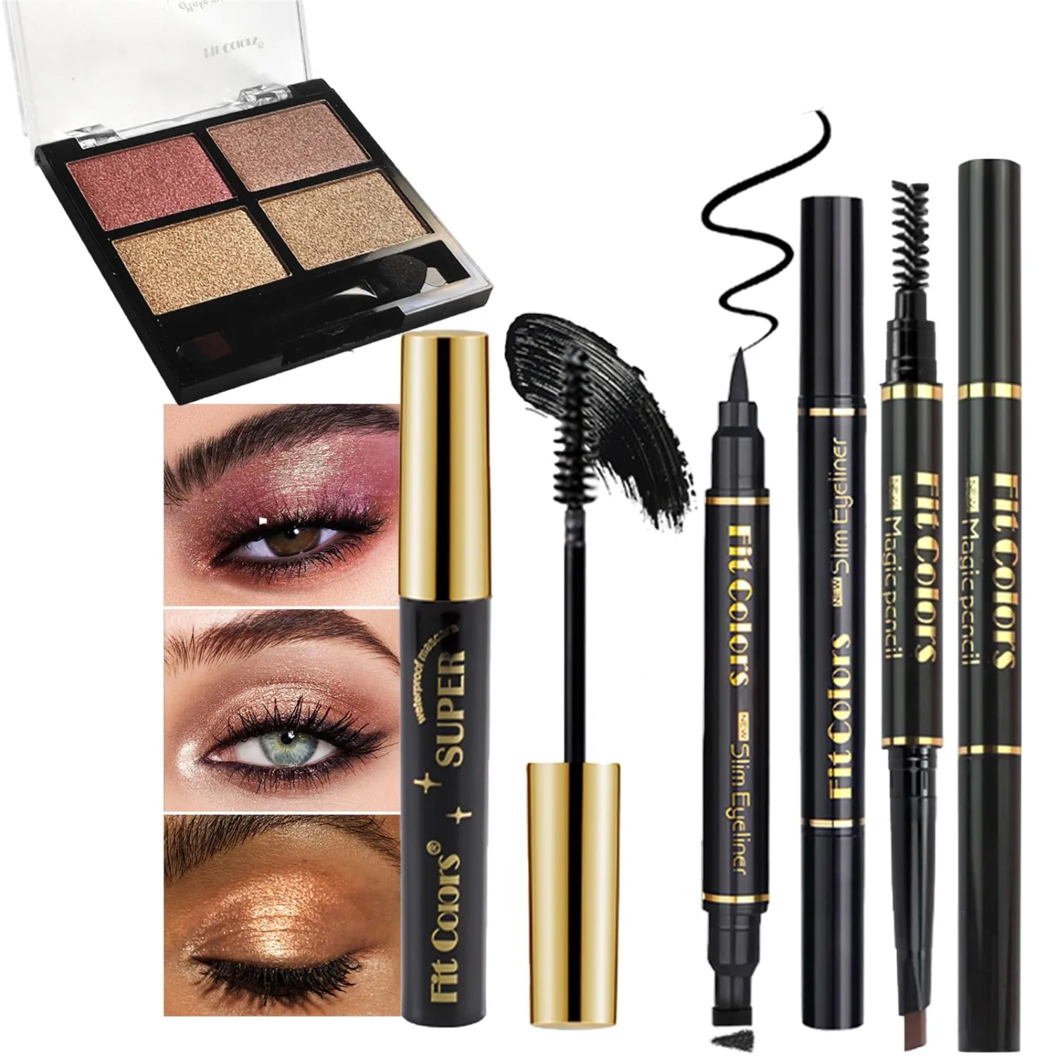4-in-1 Eye Makeup Kit 4 Colors Eyeshadow Palette Black Liqiud Eyeliner with Stamp and Double-headed Brown Eyebrow Pencil Set for Women Beginners Gift (03)