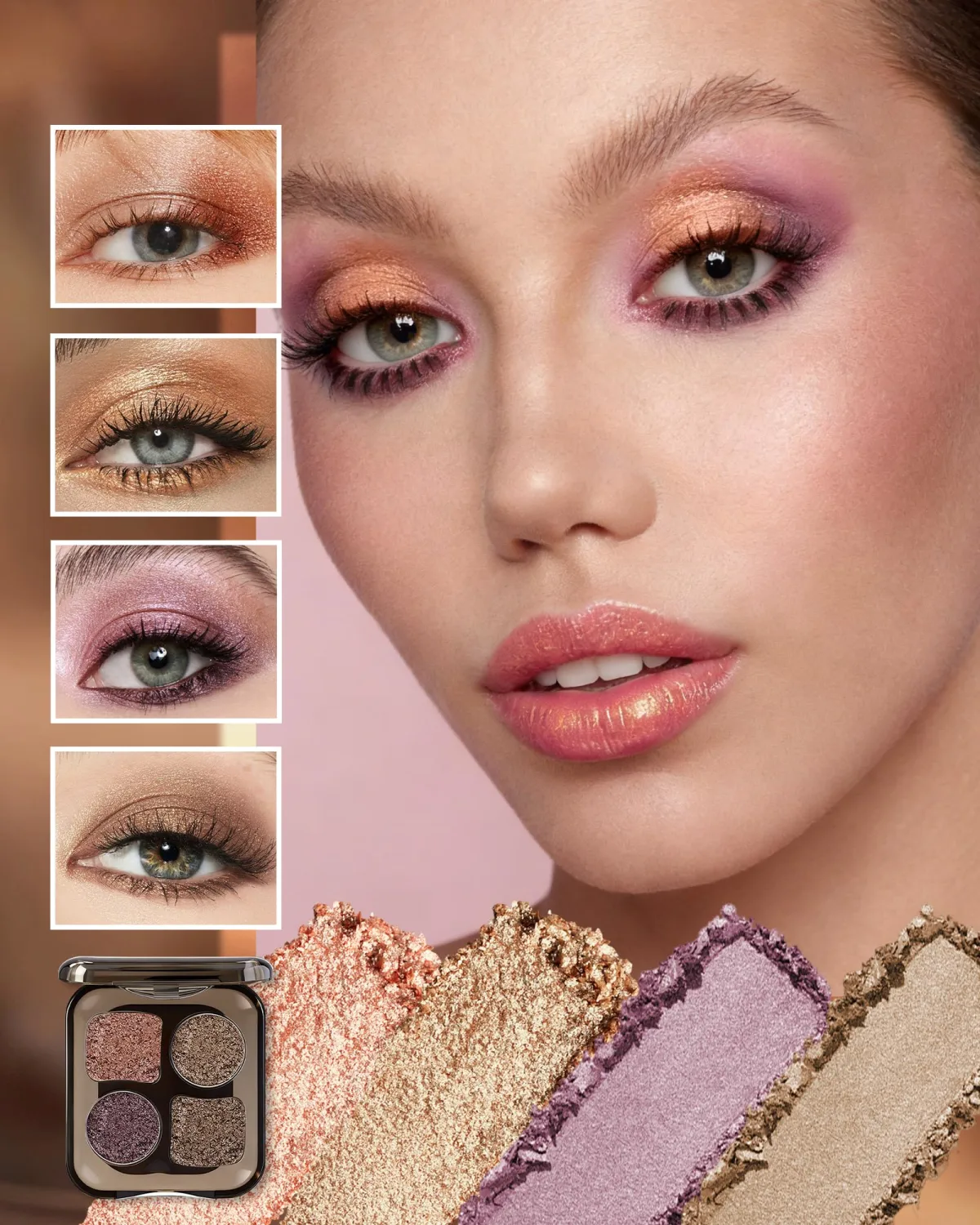 4 Color Eyeshadow Palette, Purple Brown Shimmer Metallic Blendable Shadow