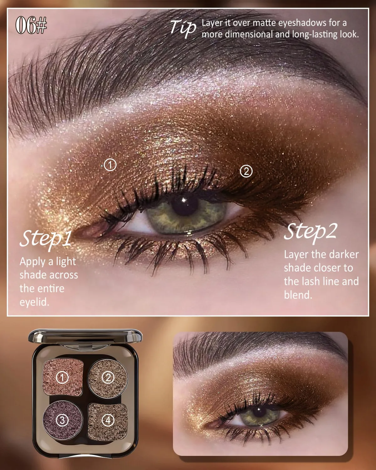 4 Color Eyeshadow Palette, Purple Brown Shimmer Metallic Blendable Shadow