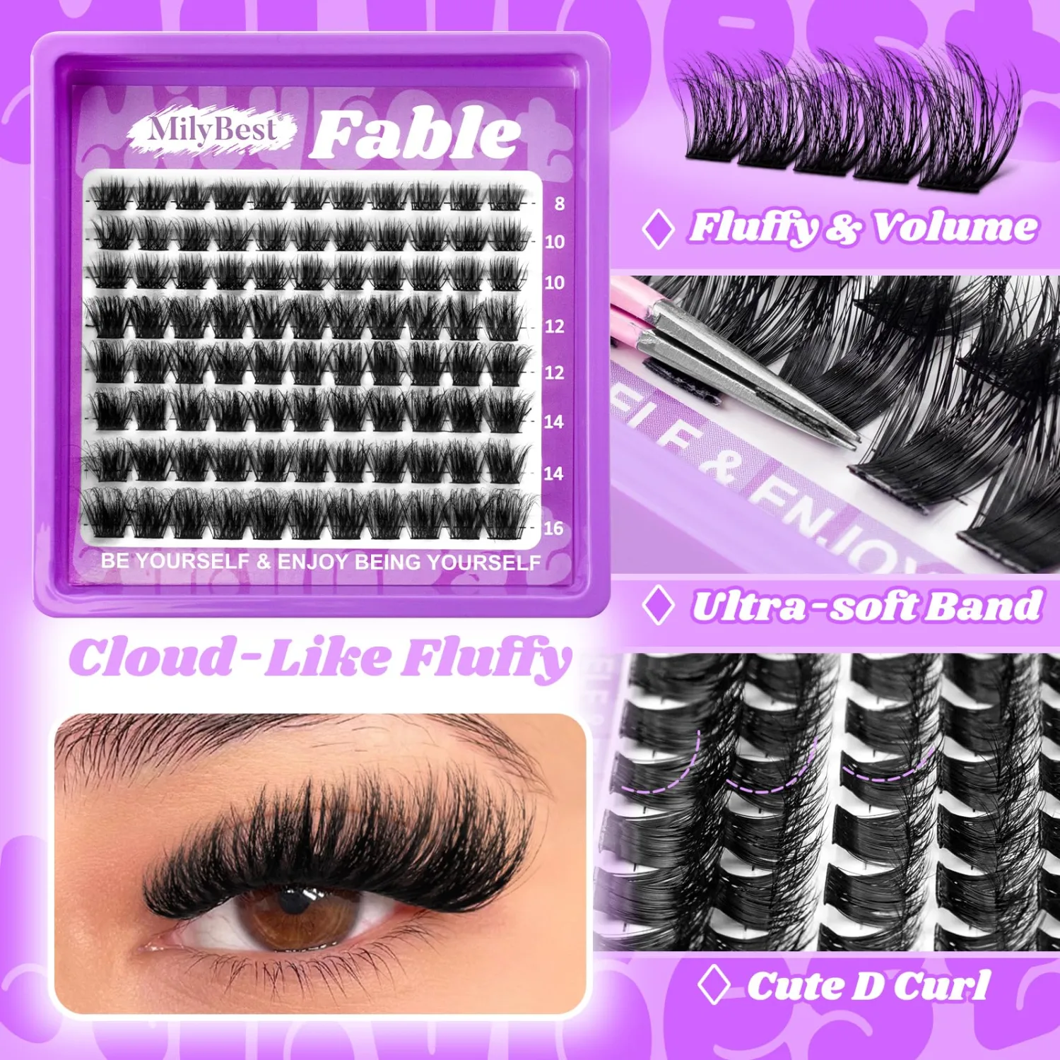 MilyBest Fable Lash Clusters, 88pcs Fluffy Wispy D Curl 8-16mm