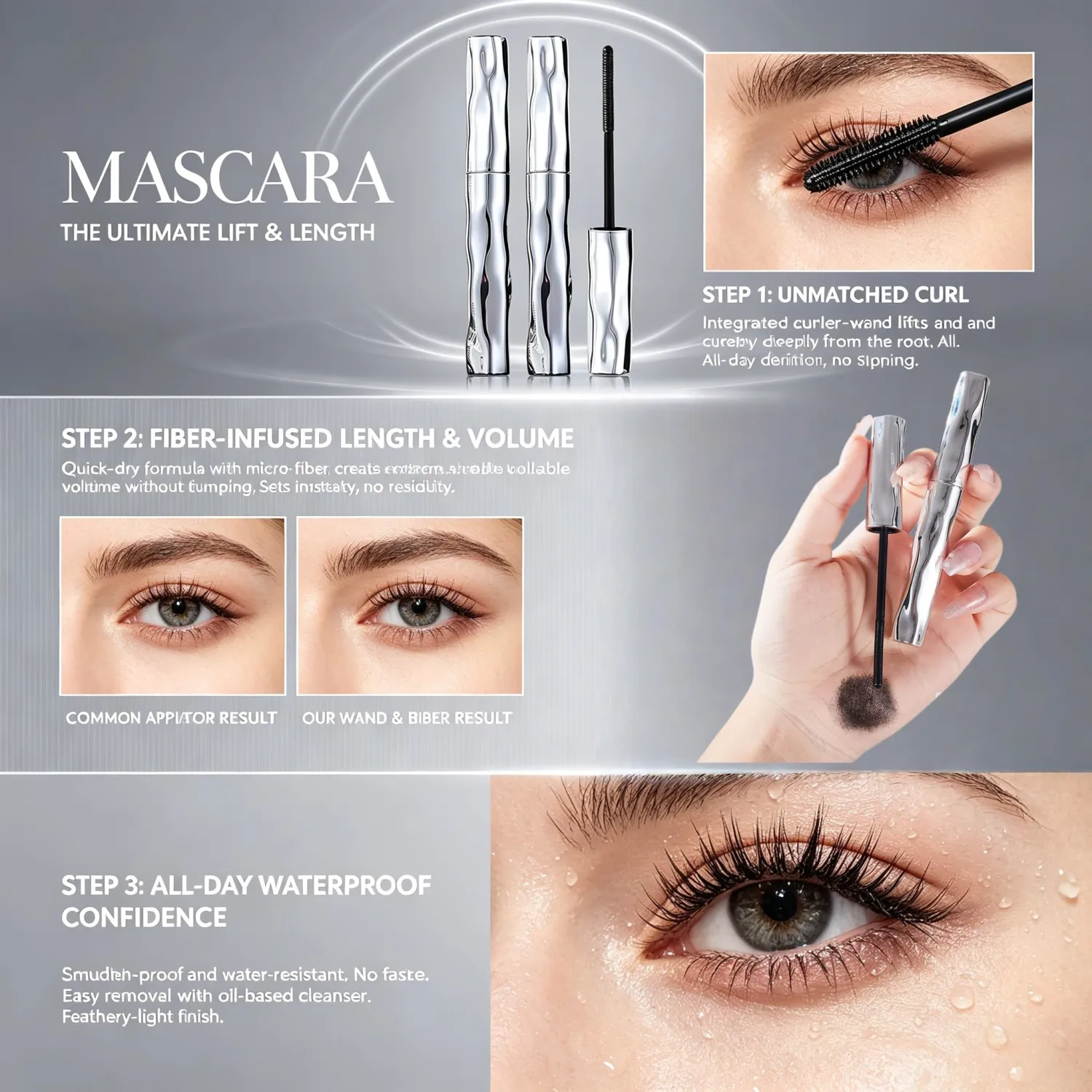 Waterproof Fibre Mascara, Tubular Eyelash Primer with Metal Wand, Lengthening & Curling Mascara, Smudge-Resistant Formula for Defined Lashes (2)