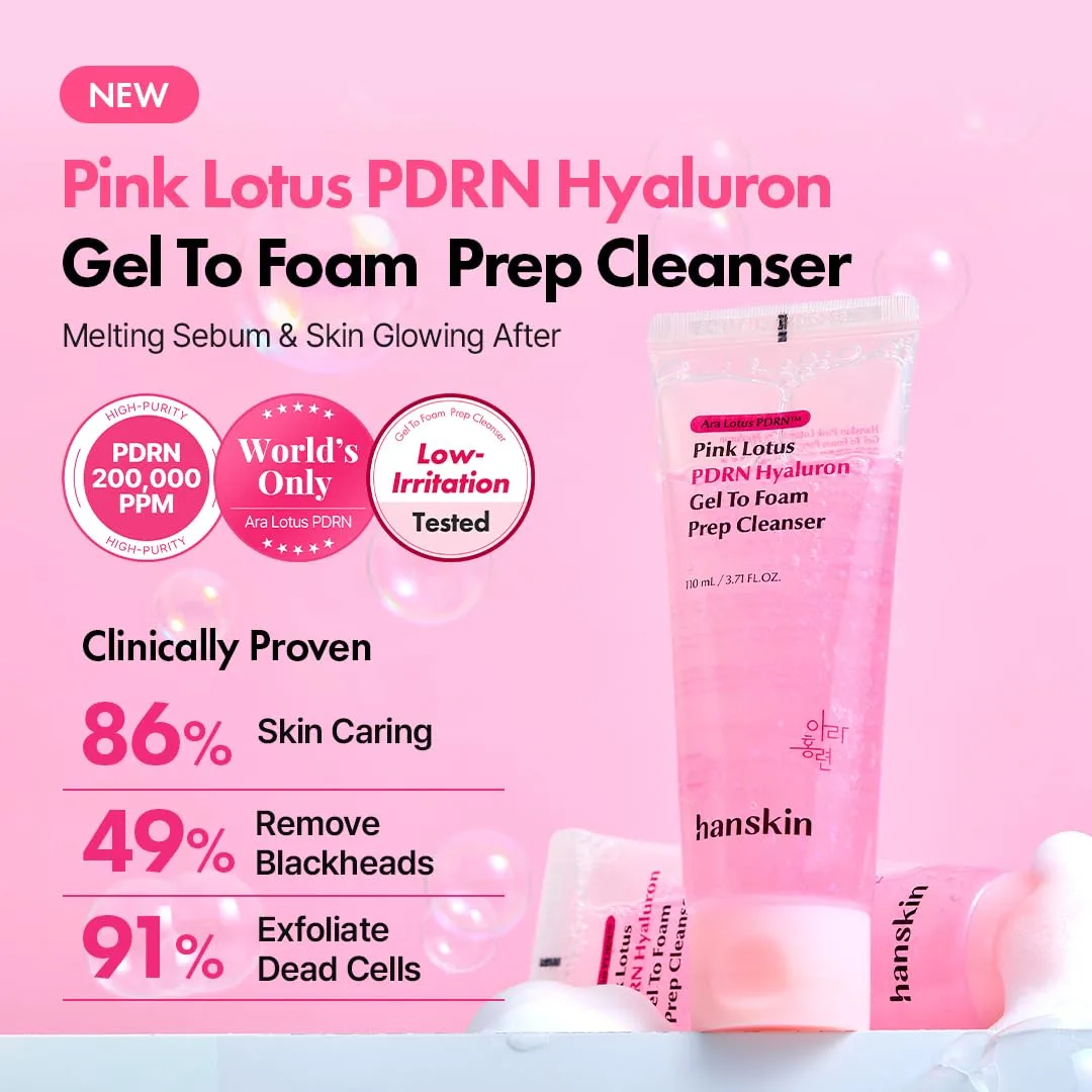 Hanskin PDRN Gel-to-Foam Cleanser, Pink Lotus PDRN Face Wash, 3.71 fl oz