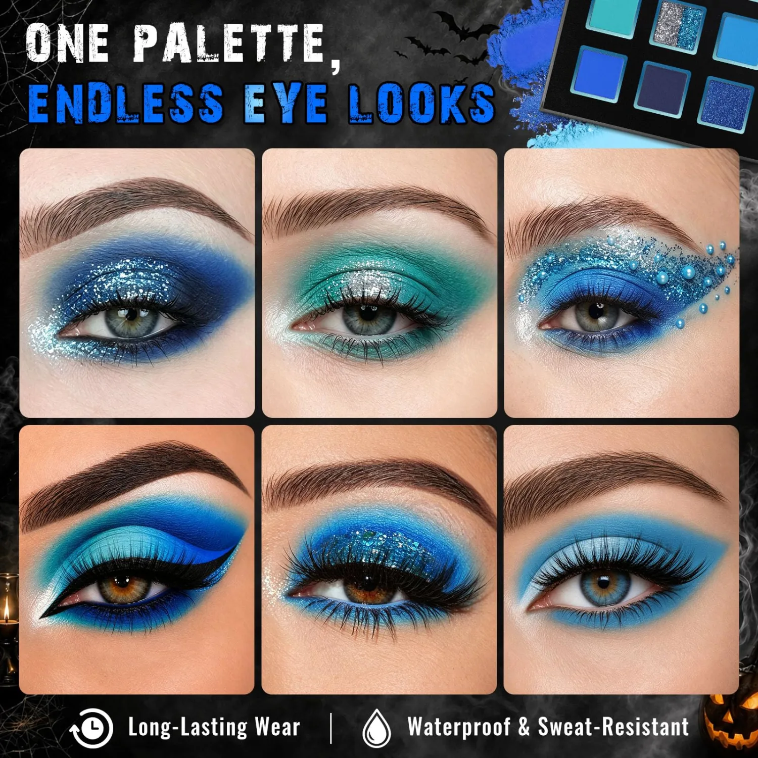 UCANBE 9 Colors Blue Eyeshadow Palette, Turquoise Cobalt Navy Shades With Matte Shimmer Dual-Tone Glitter, Eye Makeup for Halloween Fantasy Mermaid Cosplay