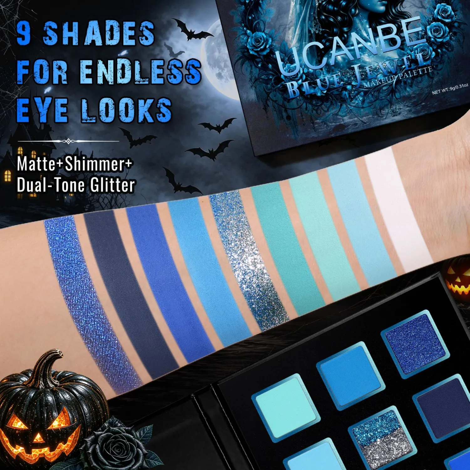 UCANBE 9 Colors Blue Eyeshadow Palette, Turquoise Cobalt Navy Shades With Matte Shimmer Dual-Tone Glitter, Eye Makeup for Halloween Fantasy Mermaid Cosplay