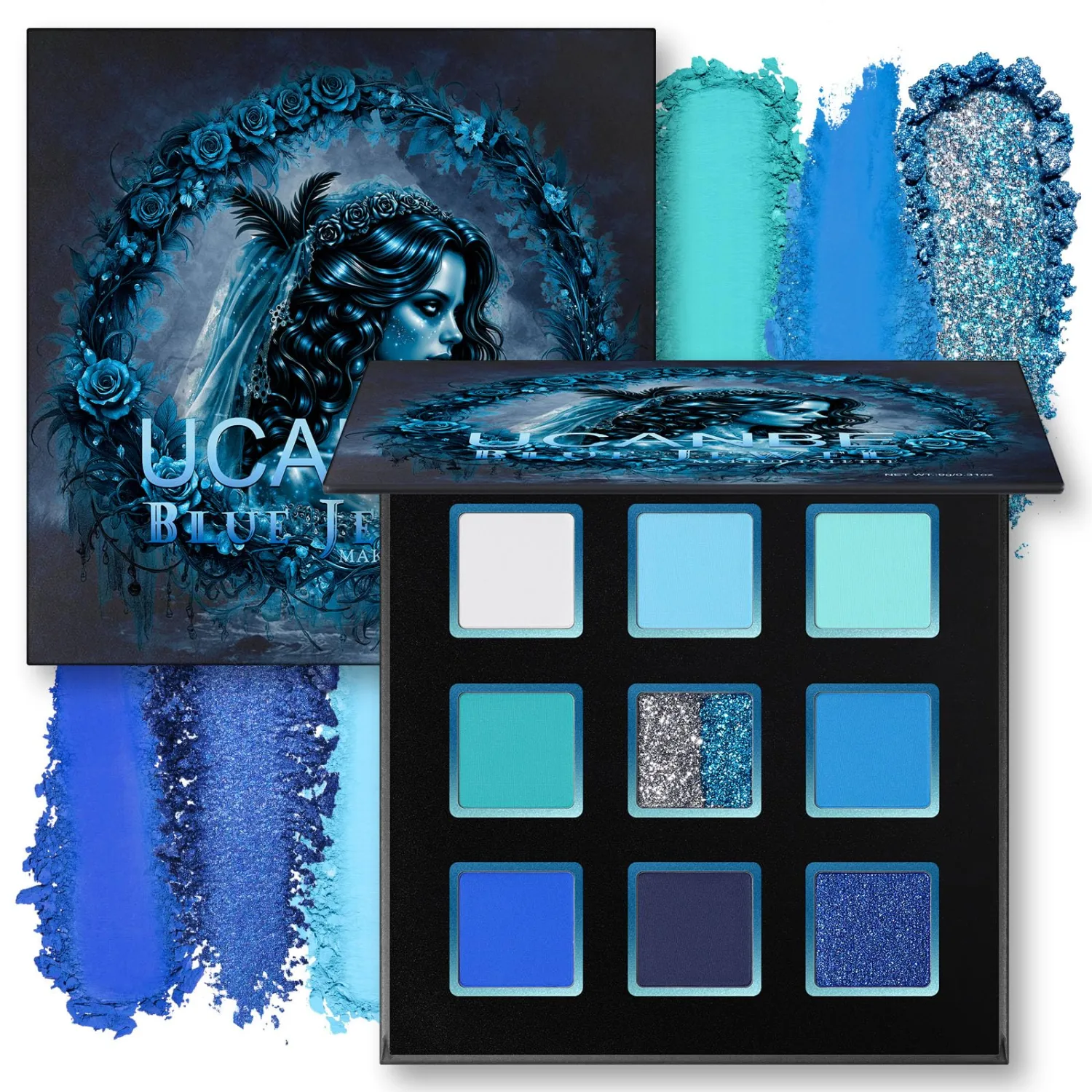 UCANBE 9 Colors Blue Eyeshadow Palette, Turquoise Cobalt Navy Shades With Matte Shimmer Dual-Tone Glitter, Eye Makeup for Halloween Fantasy Mermaid Cosplay