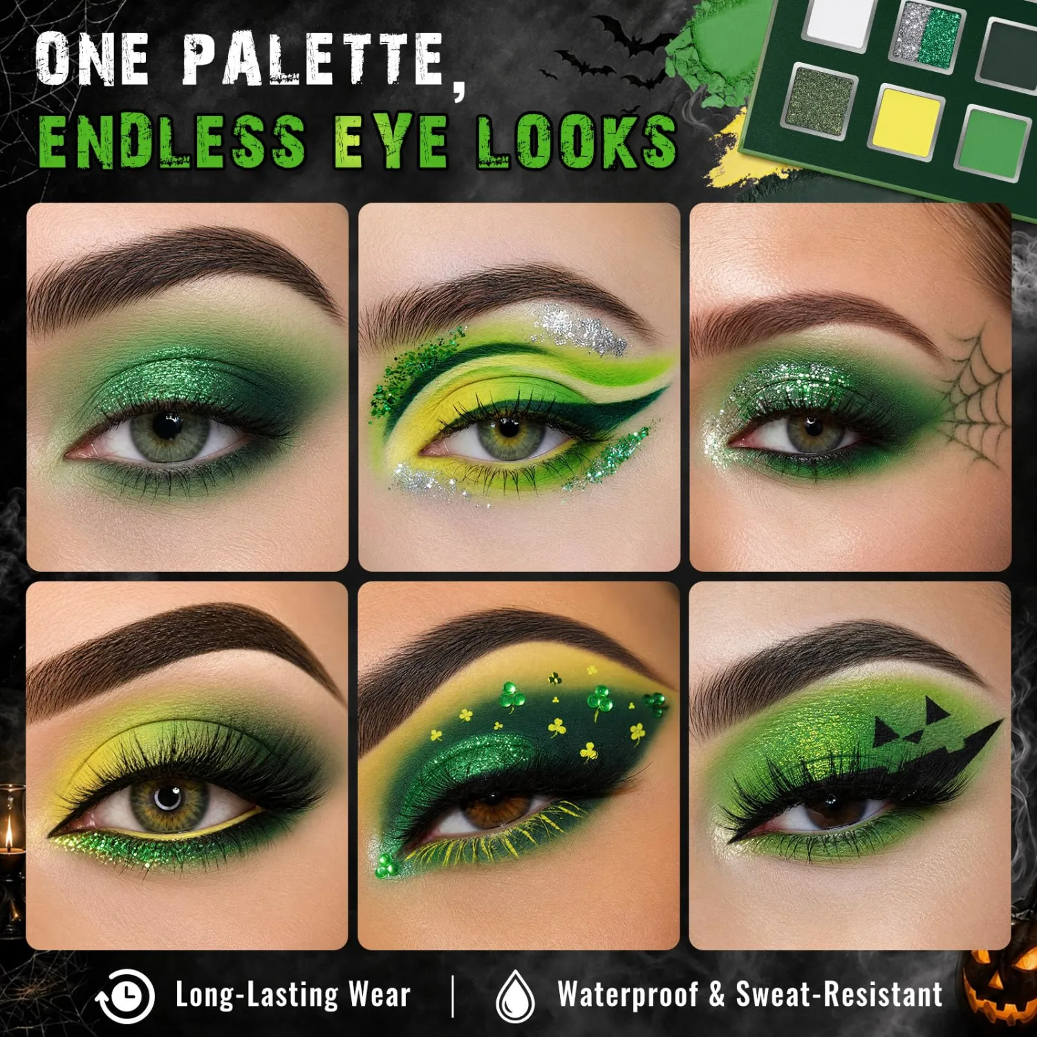 UCANBE 9 Colors Green Eyeshadow Palette, Lime Emerald Forest Shades with Matte Shimmer Dual-Tone Glitter, Eye Makeup for Halloween Party Fantasy Cosplay