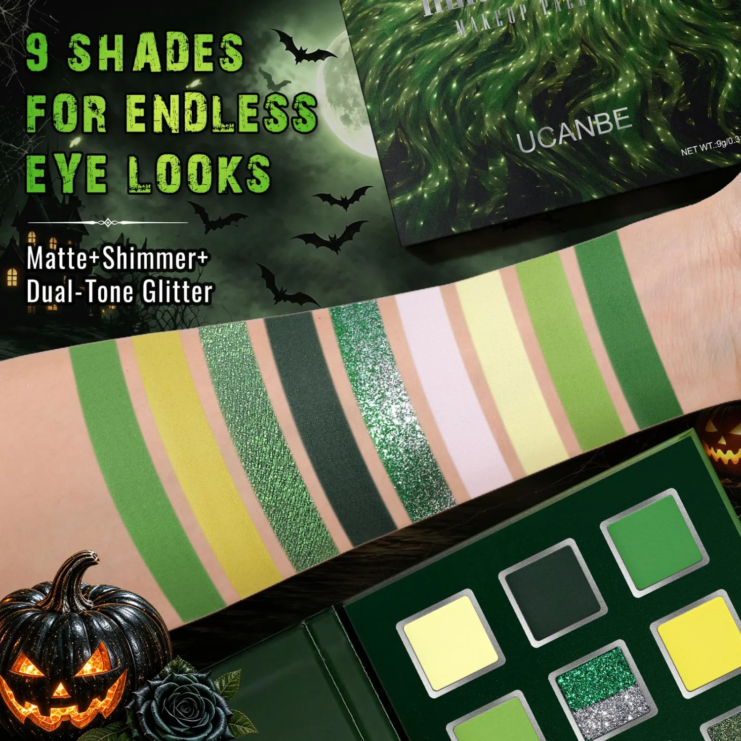 UCANBE 9 Colors Green Eyeshadow Palette, Lime Emerald Forest Shades with Matte Shimmer Dual-Tone Glitter, Eye Makeup for Halloween Party Fantasy Cosplay