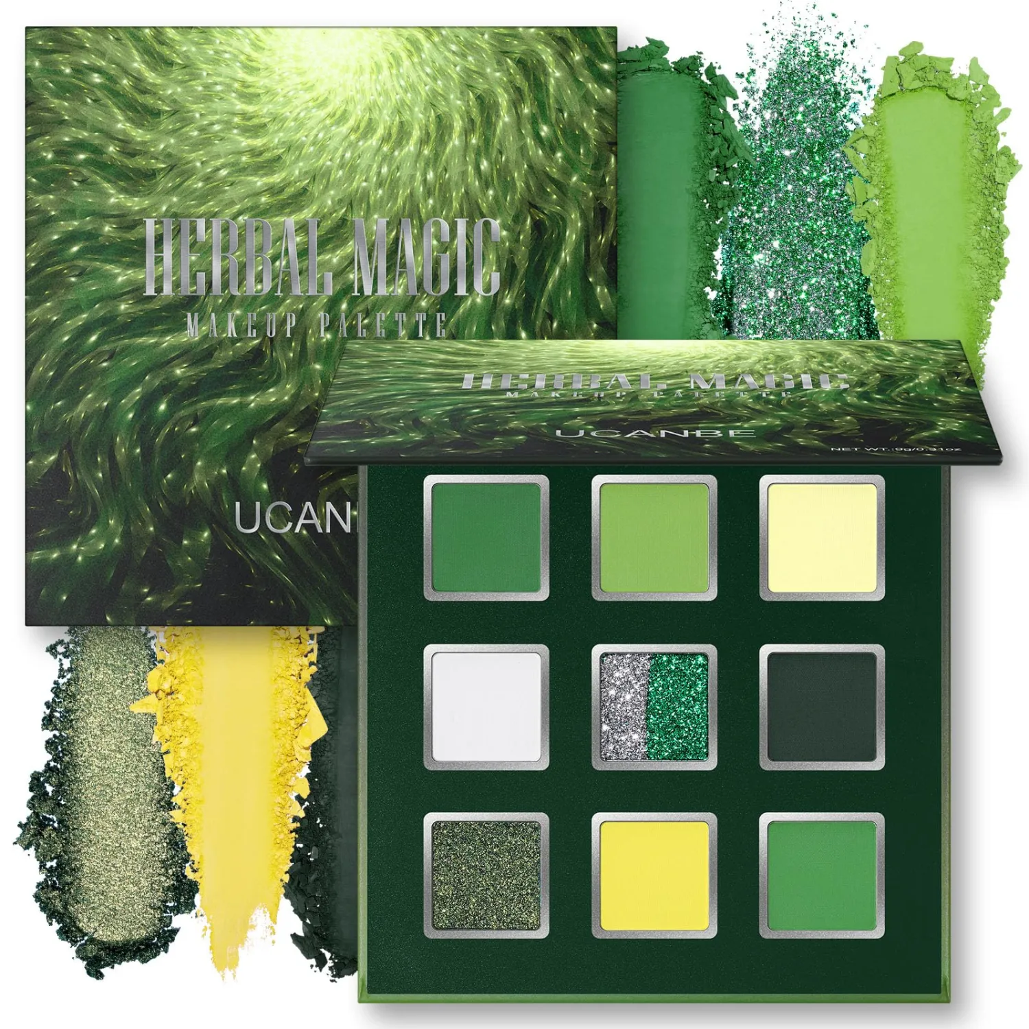 UCANBE 9 Colors Green Eyeshadow Palette, Lime Emerald Forest Shades with Matte Shimmer Dual-Tone Glitter, Eye Makeup for Halloween Party Fantasy Cosplay