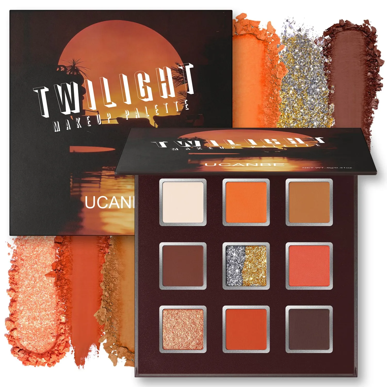 UCANBE 9 Colors Orange Eyeshadow Palette, Copper Brown Warm Shades With Matte Shimmer Dual-Tone Glitter, Eye Makeup for Halloween Cosplay Party Costume