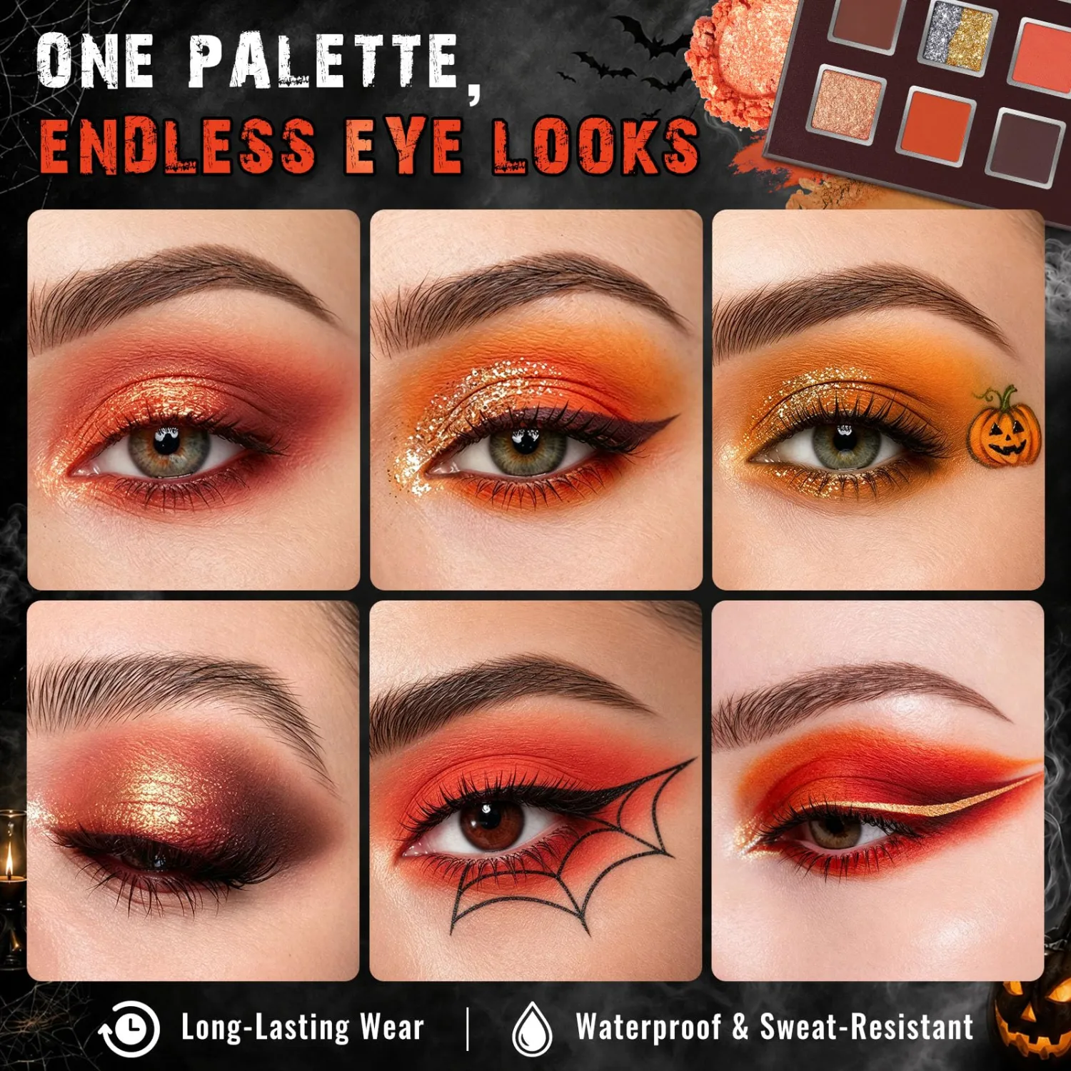 UCANBE 9 Colors Orange Eyeshadow Palette, Copper Brown Warm Shades With Matte Shimmer Dual-Tone Glitter, Eye Makeup for Halloween Cosplay Party Costume
