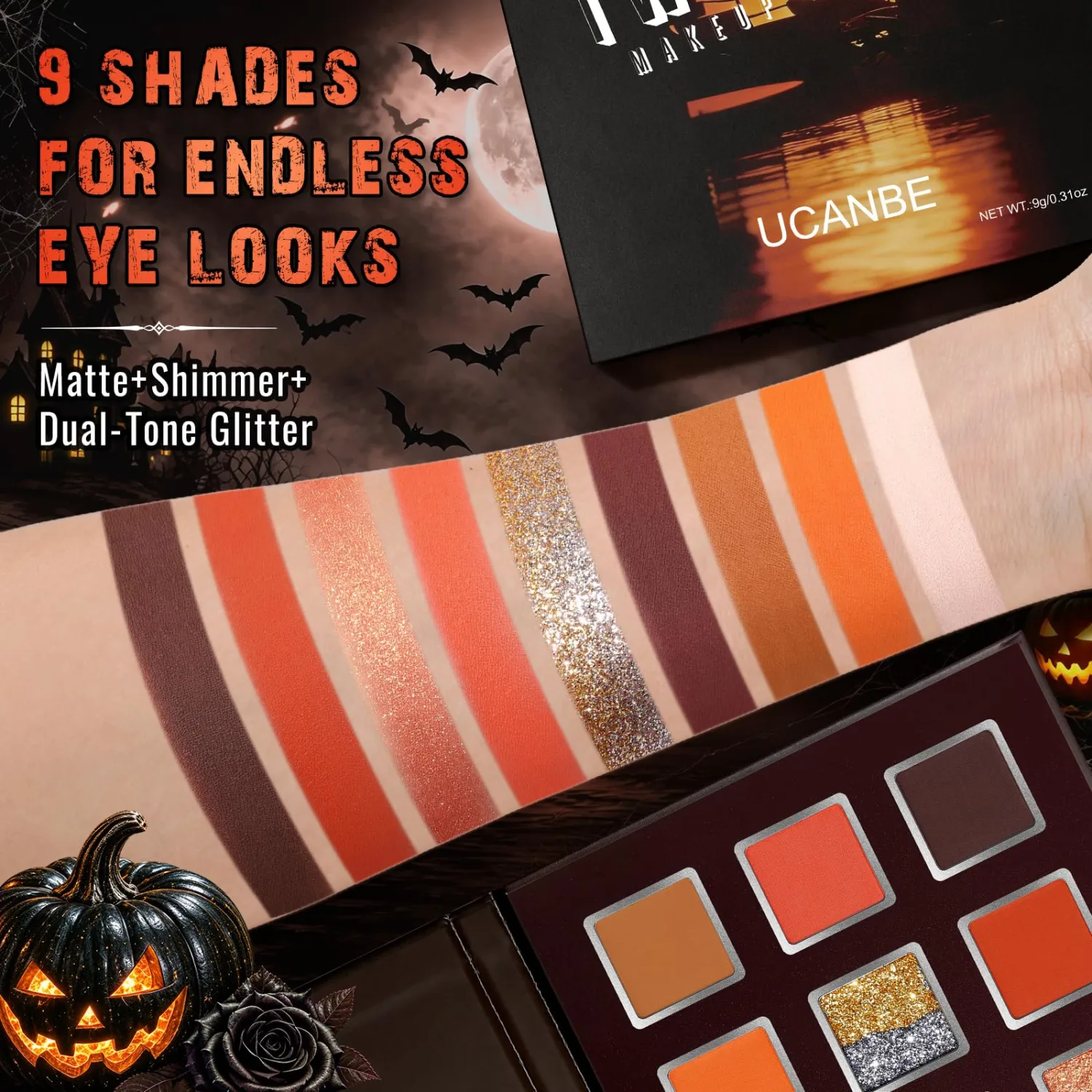 UCANBE 9 Colors Orange Eyeshadow Palette, Copper Brown Warm Shades With Matte Shimmer Dual-Tone Glitter, Eye Makeup for Halloween Cosplay Party Costume