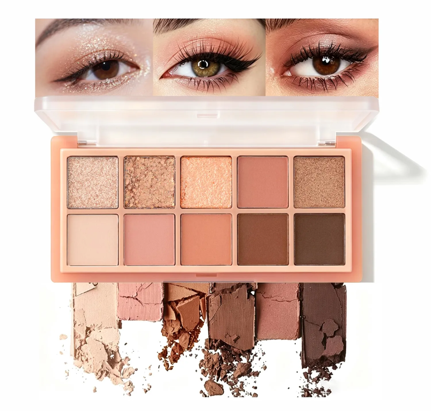 10 Color Nude Eyeshadow Palette, Neutral Brown Eye Shadow Makeup,Warm Peach Neutrals with Matte, Shimmer & Glitter Finishes, Blendable Shades for Everyday, Soft Glam & Smoky Eye Looks 01