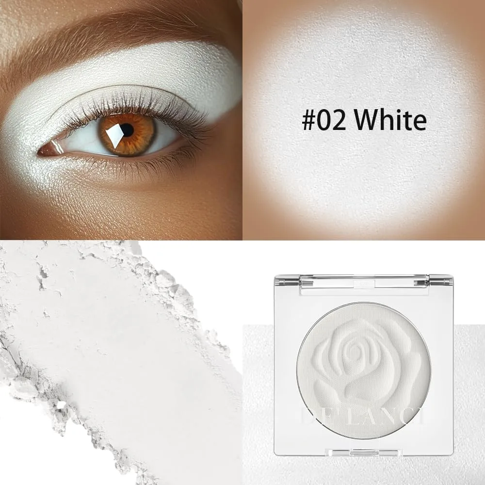 DE'LANCI Matte White Eyeshadow, High Pigment Vegan Pressed White Powder Waterproof, Velvety Blendable Formula for Eye Base, Travel Friendly with Brush Longwear Makeup for Stage Halloween & Cosplay, 02