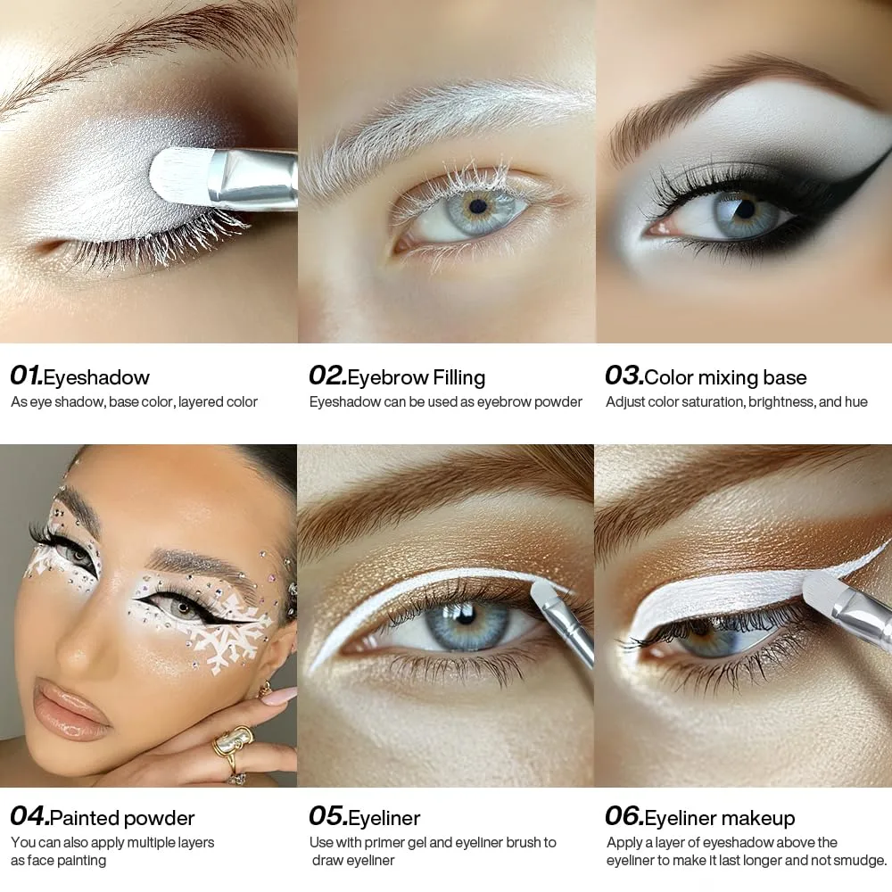 DE'LANCI Matte White Eyeshadow, High Pigment Vegan Pressed White Powder Waterproof, Velvety Blendable Formula for Eye Base, Travel Friendly with Brush Longwear Makeup for Stage Halloween & Cosplay, 02
