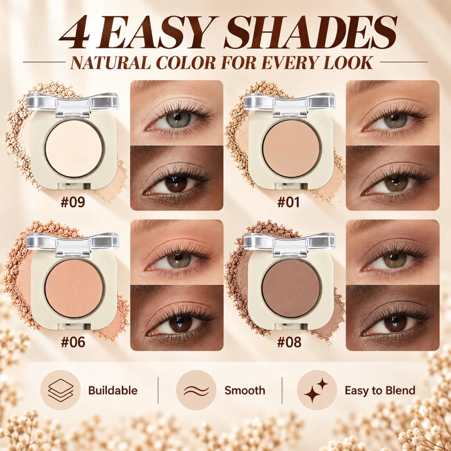 4 Colors Matte Nude Eyeshadow Set, Soft Beige Pink Brown Ivory Eye Shadow Collection, Blendable Powder Makeup for Women Daily Makeup, Work, Party, Travel and Natural Eye Looks