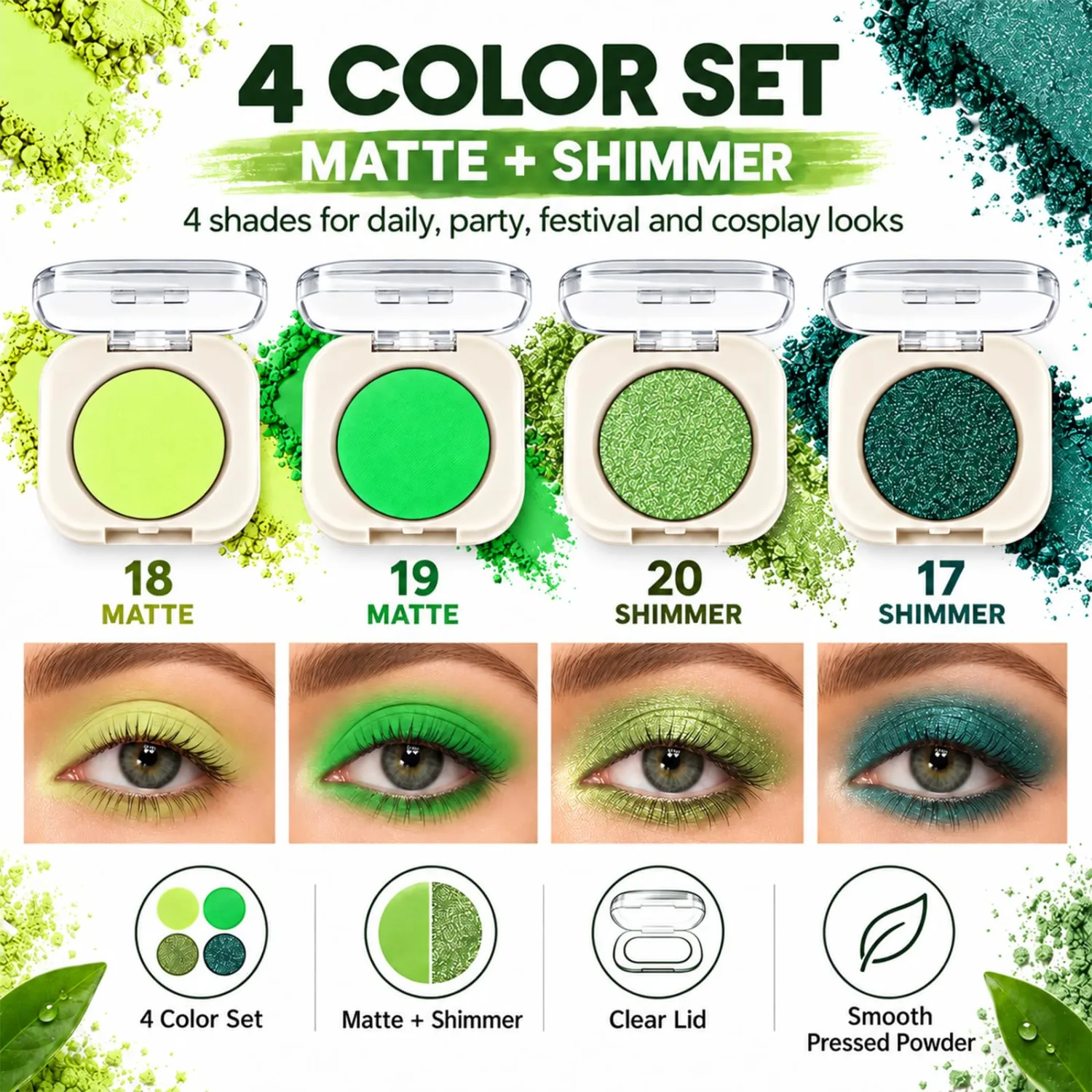 4 Colors Green Eyeshadow Palette, Matte Shimmer Eye Shadow Makeup Set, Blendable Highly Pigmented Eye Makeup for Women Halloween Cosplay Festival Party Daily Looks