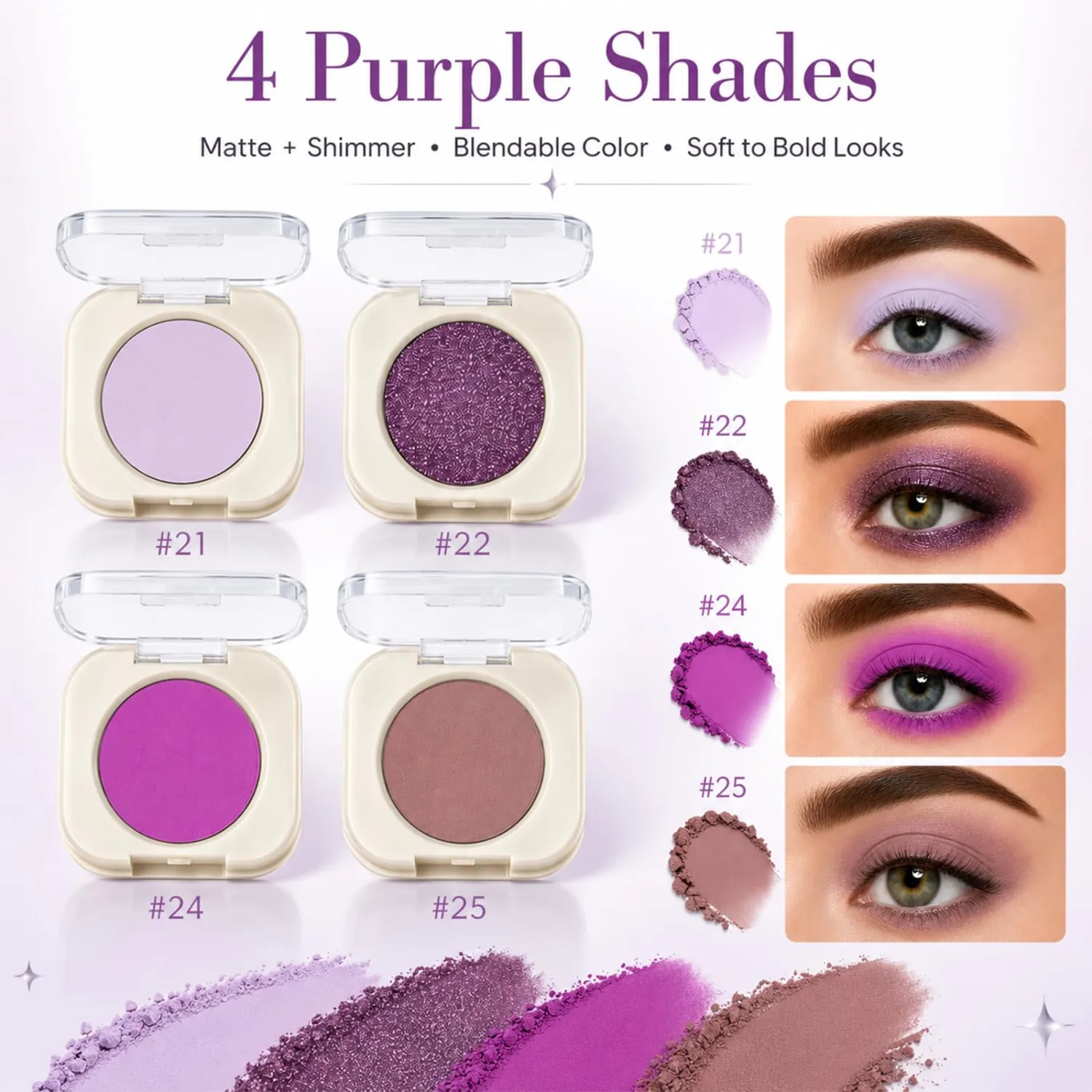 4 Colors Purple Eyeshadow Set, Matte and Shimmer Eye Shadow Powder Makeup, Highly Pigmented Blendable Purple Pink Eye Makeup for Women, Halloween, Party, Festival and Cosplay Looks