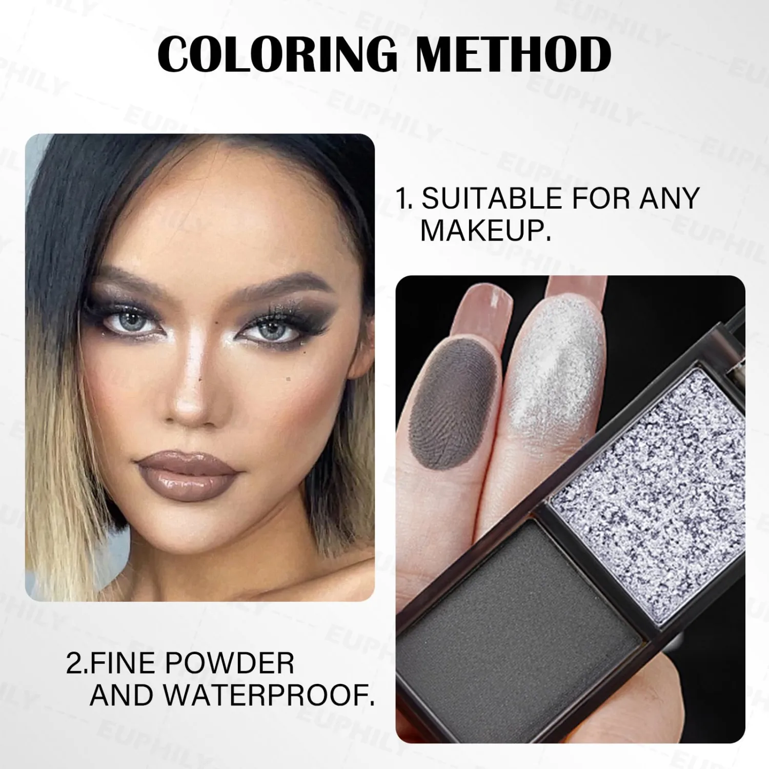 2 Colors Matte & Shimmer Silver Black Eyeshadow Palette, Bright Shimmer Eye Shadow Powder, Long-Lasting Waterproof & Blendable High Pigmented Single Eye Makeup for Women, 01# Silver Black
