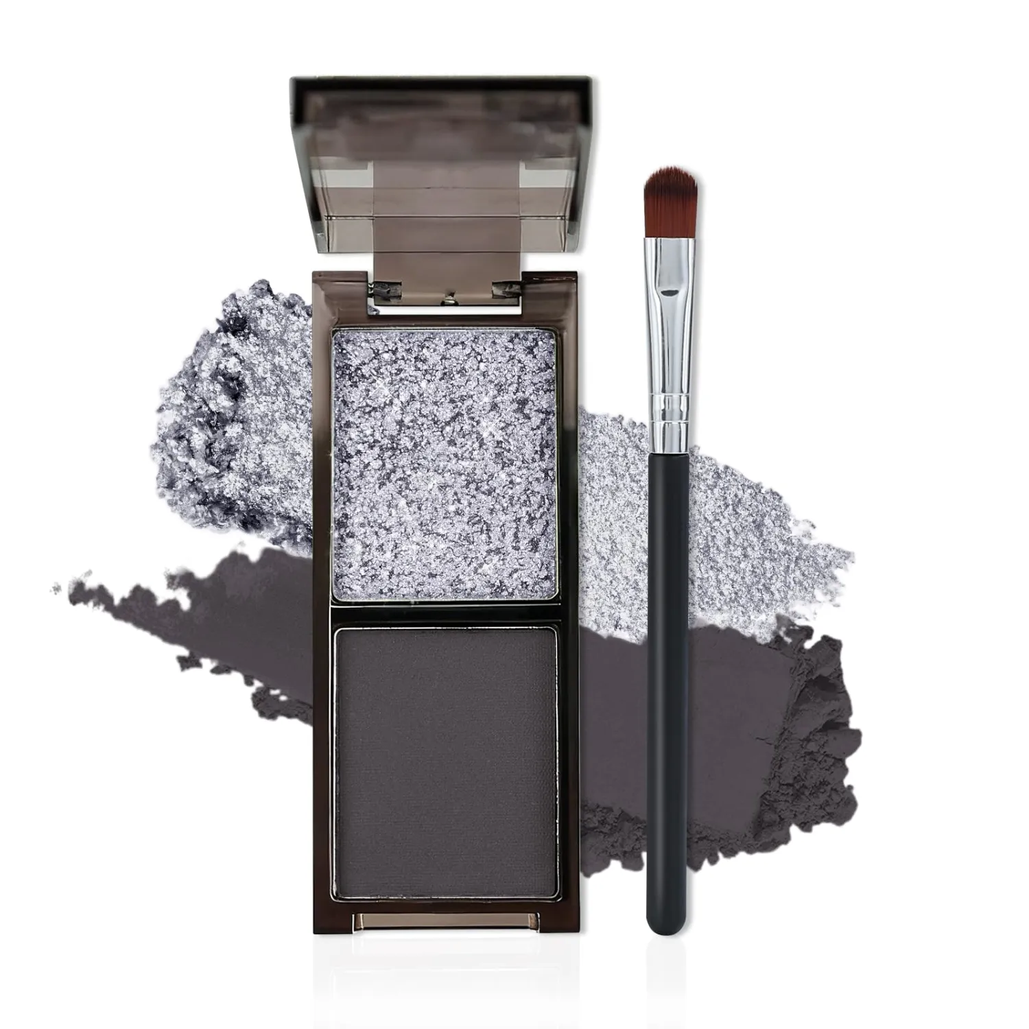 2 Colors Matte & Shimmer Silver Black Eyeshadow Palette, Bright Shimmer Eye Shadow Powder, Long-Lasting Waterproof & Blendable High Pigmented Single Eye Makeup for Women, 01# Silver Black