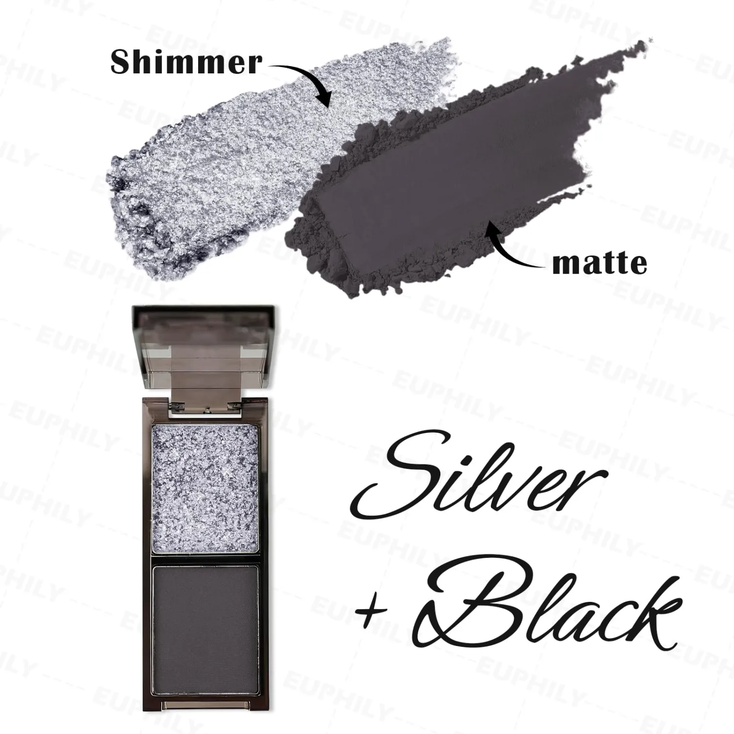 2 Colors Matte & Shimmer Silver Black Eyeshadow Palette, Bright Shimmer Eye Shadow Powder, Long-Lasting Waterproof & Blendable High Pigmented Single Eye Makeup for Women, 01# Silver Black