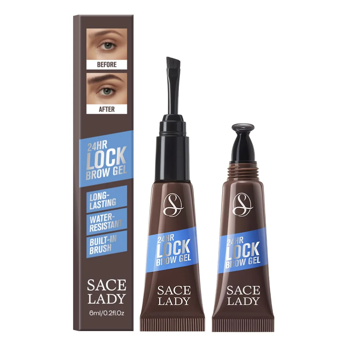 SACE LADY 24H Lock Eyebrow Gel with Built-in Brush Waterproof, Dark Brown