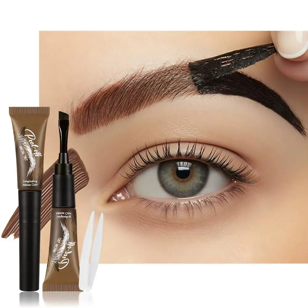 Warm brown Eyebrow Gel Tattoo Peel Off with Tweezer, Waterproof & Smudge Proof, Long Lasting 3-5 Day Natural Looking Brow Tint, Beginner Friendly with Clip for Easy DIY at Home Brow Makeup