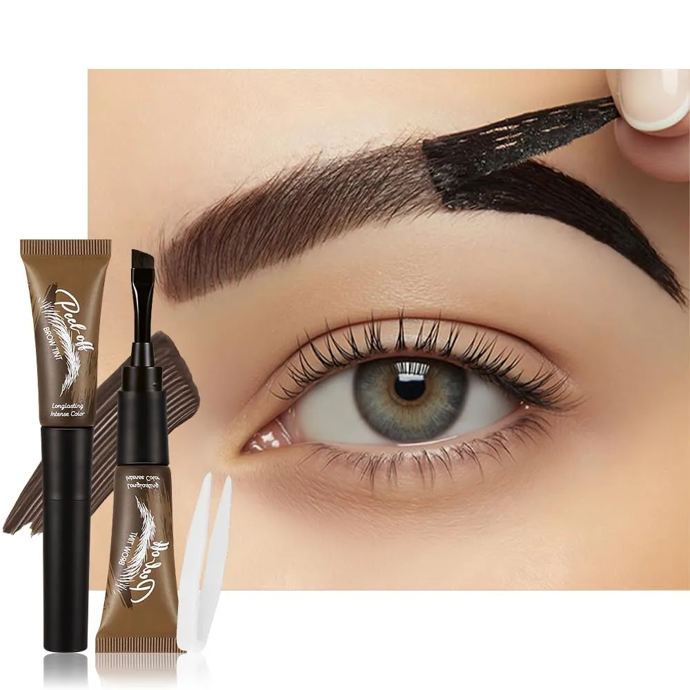 Espresso Eyebrow Gel Tattoo Peel Off with Tweezer, Waterproof & Smudge Proof, Long Lasting 3-5 Day Natural Looking Brow Tint, Beginner Friendly with Clip for Easy DIY at Home Brow Makeup