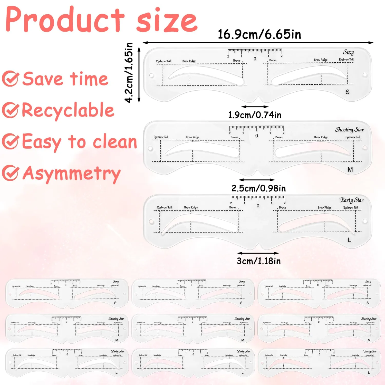 36pcs Eyebrow Stencils for Shaping Reusable, Reusable Eyebrow Template with Strap, Plastic Brow Shaping Template for Beginner,Makeup Salons (Eyebrow Distance 2.0-3.5cm)