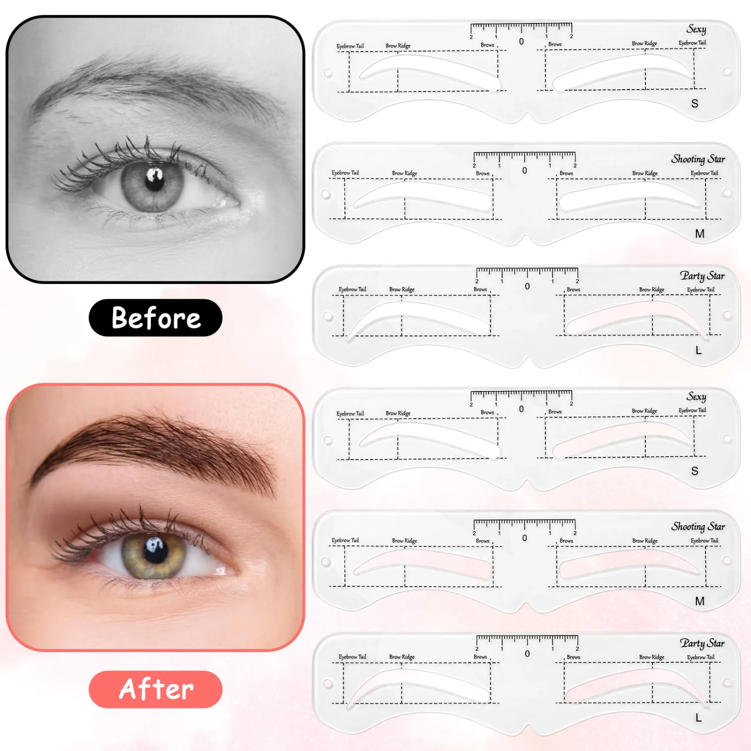 36pcs Eyebrow Stencils for Shaping Reusable, Reusable Eyebrow Template with Strap, Plastic Brow Shaping Template for Beginner,Makeup Salons (Eyebrow Distance 2.0-3.5cm)