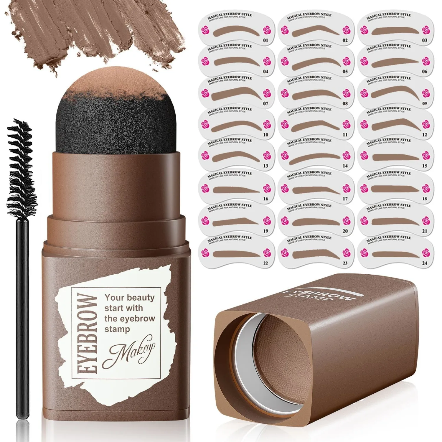 Eyebrow Stamp Stencil Kit - Long-Lasting Eyebrow Powder with Brush, Waterproof & Smudge-Proof Brow Shaping Kit with 24 Reusable Thin & Thick Eyebrow Stencils for Voluminous Brow (Medium Brown)
