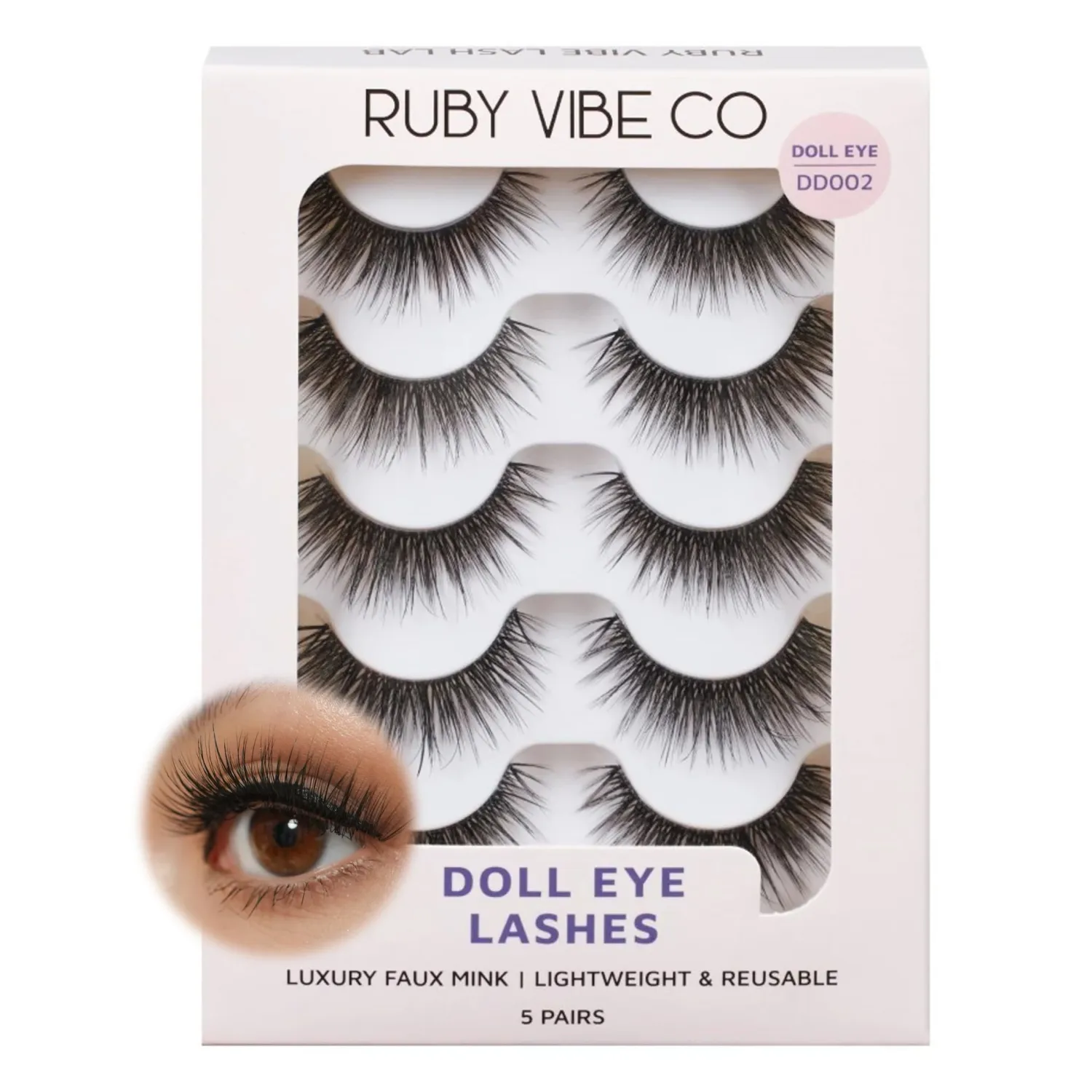 RUBY VIBE CO Dreamy Doll Eye DD002, Faux Mink Lashes, Full Length, 5 Pairs