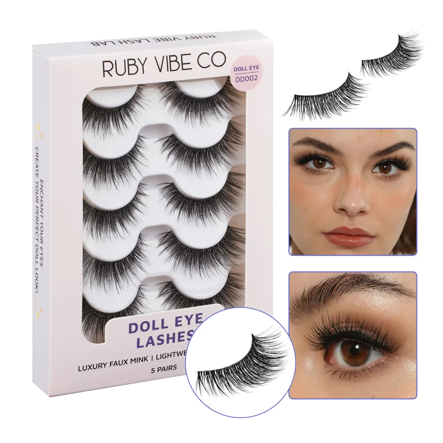 RUBY VIBE CO Dreamy Doll Eye DD002, Faux Mink Lashes, Full Length, 5 Pairs