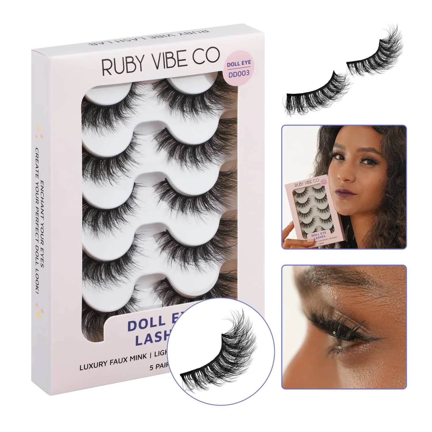 RUBY VIBE CO False Eyelashes, Dreamy Doll Eye DD003, Faux Mink, 5 Pairs