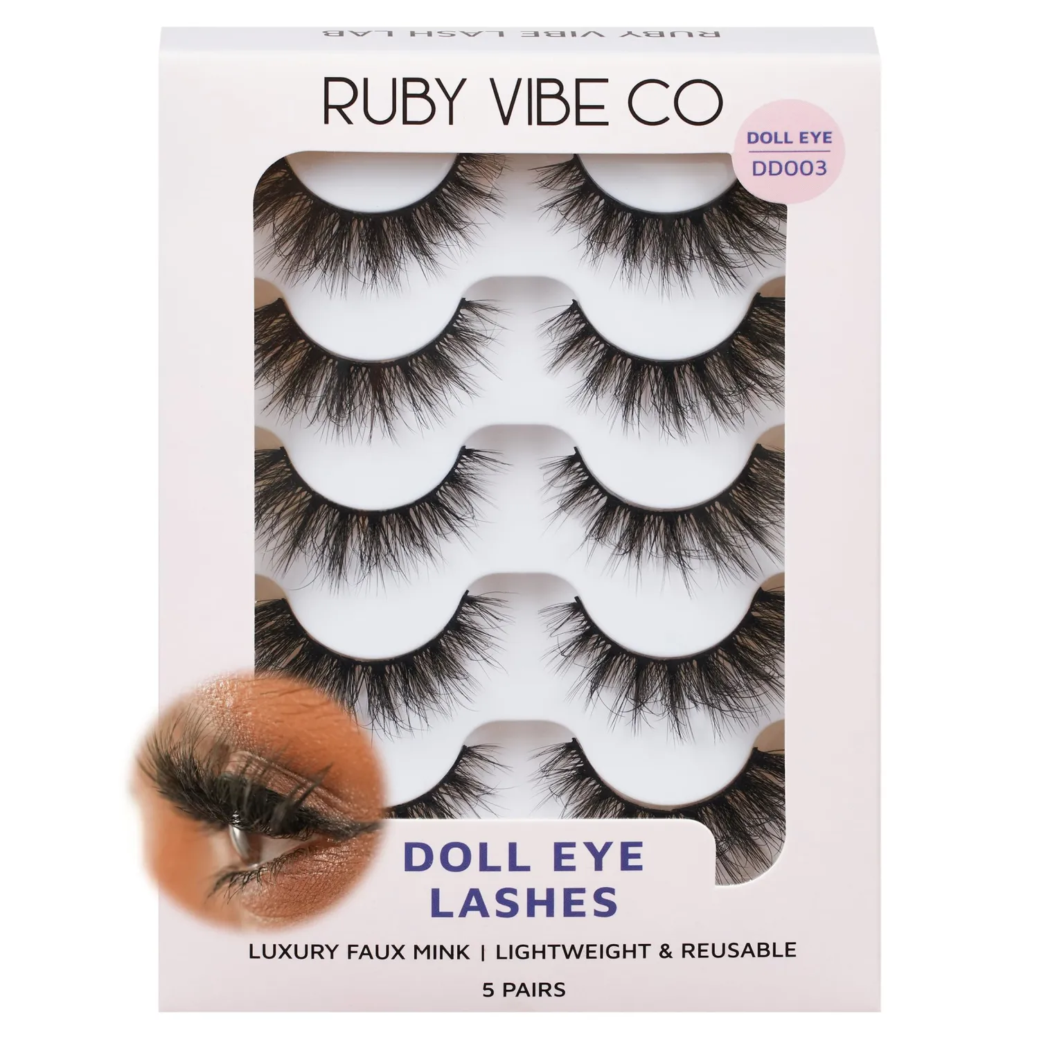 RUBY VIBE CO False Eyelashes, Dreamy Doll Eye DD003, Faux Mink, 5 Pairs