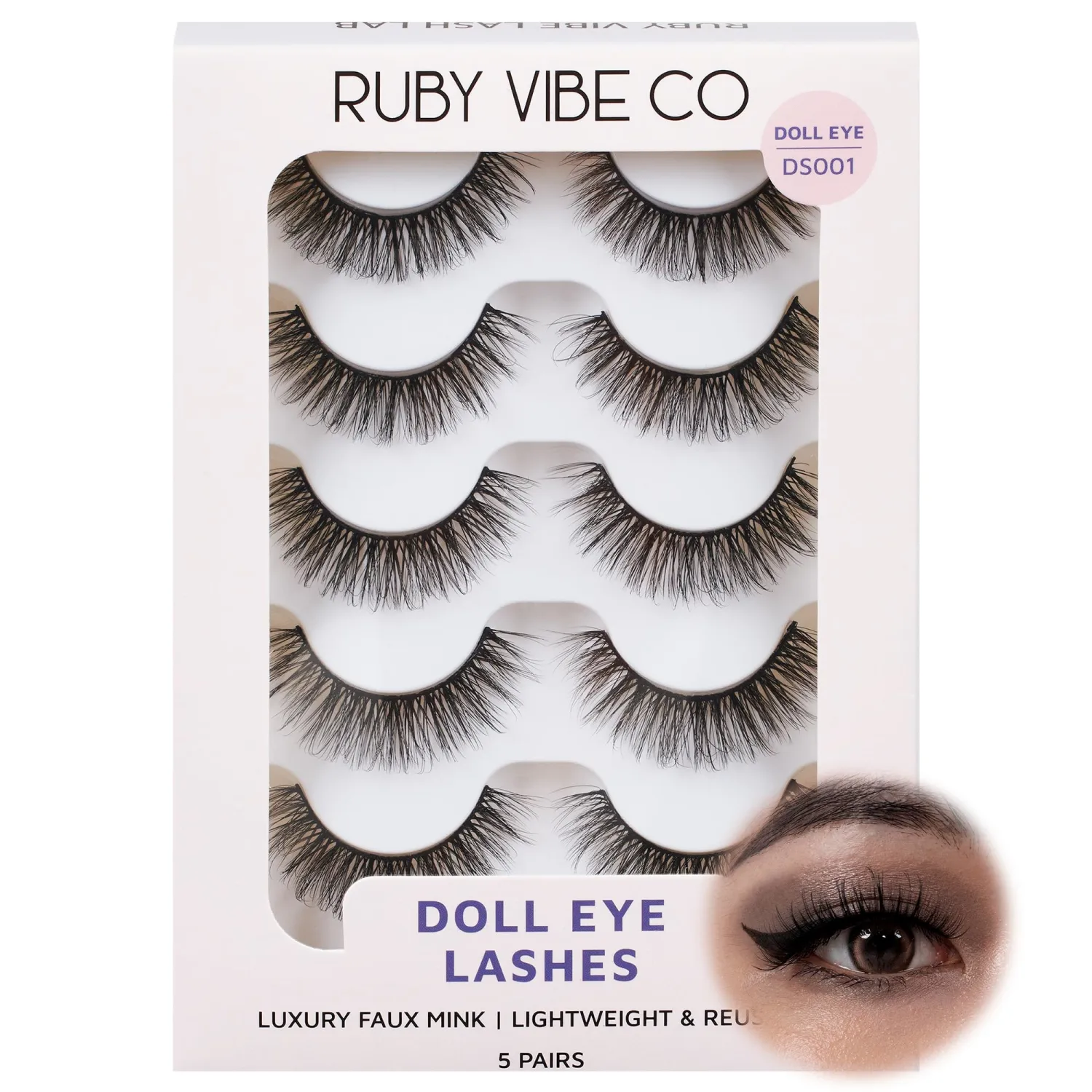 RUBY VIBE CO Lashes Strips, Sweet Doll DS001, Natural Doll Eye, 5 Pairs