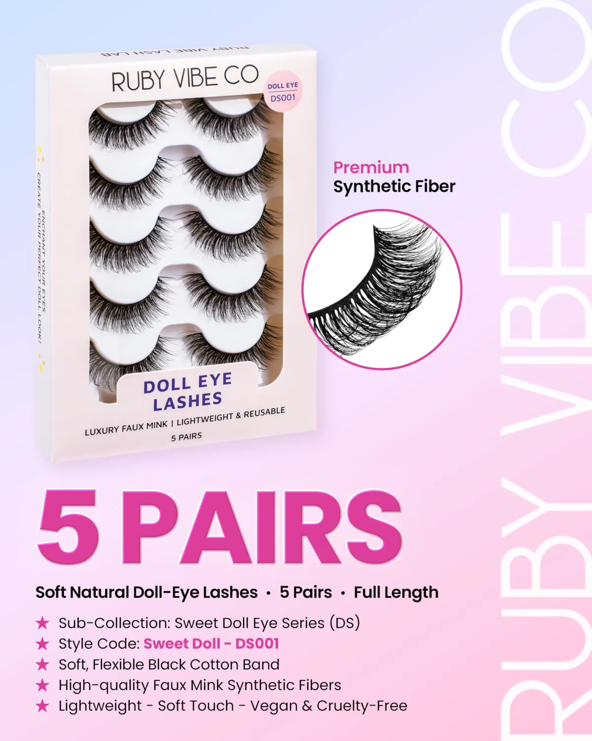 RUBY VIBE CO Lashes Strips, Sweet Doll DS001, Natural Doll Eye, 5 Pairs