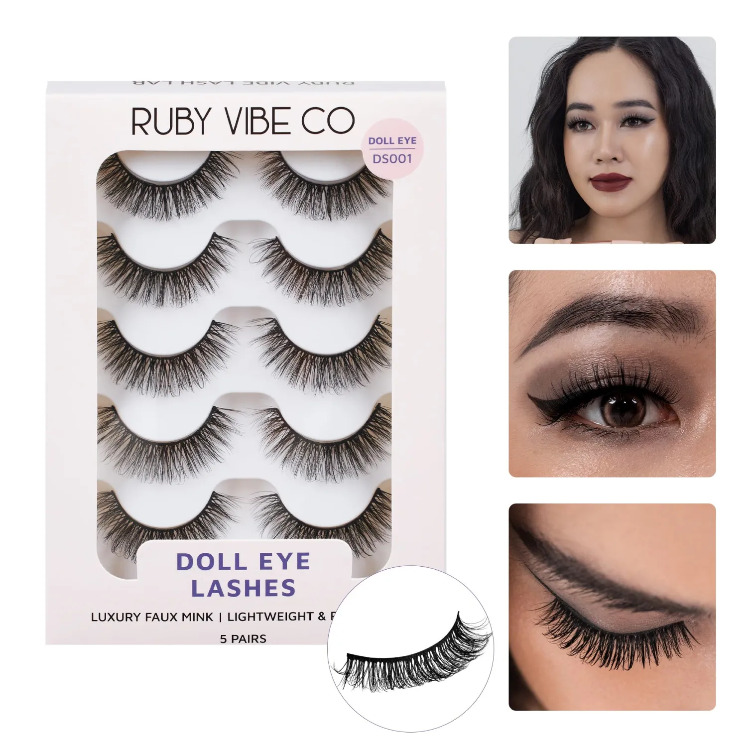 RUBY VIBE CO Lashes Strips, Sweet Doll DS001, Natural Doll Eye, 5 Pairs