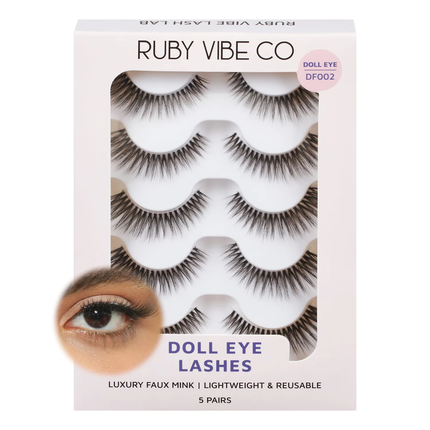 RUBY VIBE CO Lashes Strips, Fairy Doll Eye DF002, Full Length, 5 Pairs
